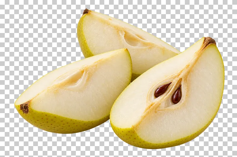 Three pear quarters with pale flesh, green-yellow skin, and visible seed cavities.