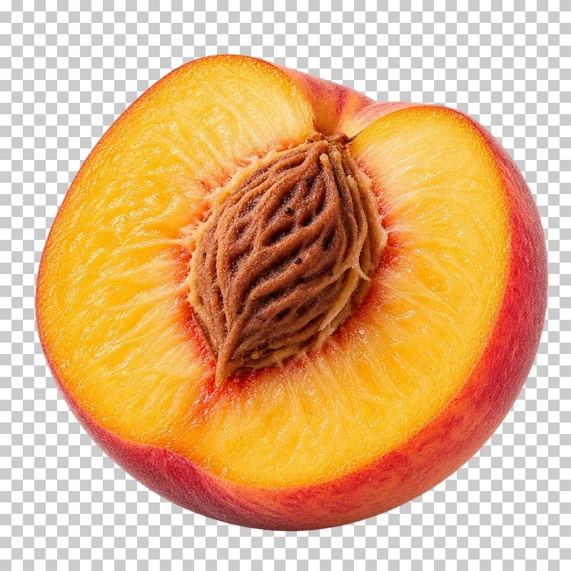 A peach half with golden flesh, a ridged brown stone, and fuzzy red-blushed skin.
