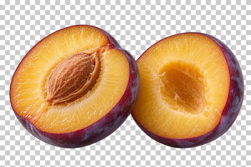 Two plum halves with amber flesh and purple skin, one with a stone and one with an empty cavity.