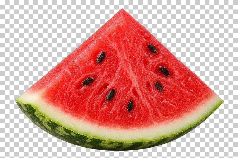 A watermelon wedge with red flesh, black seeds, pale pith, and green rind.