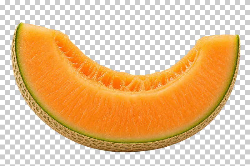 A cantaloupe crescent with orange flesh, a clean inner curve, and a netted rind edge.