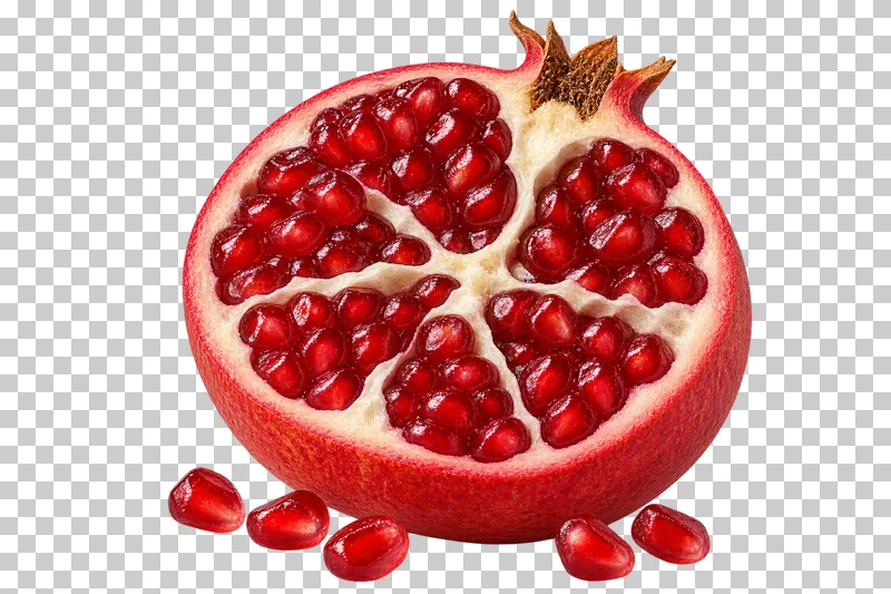A pomegranate half with ruby arils and cream membranes, accompanied by five loose arils.