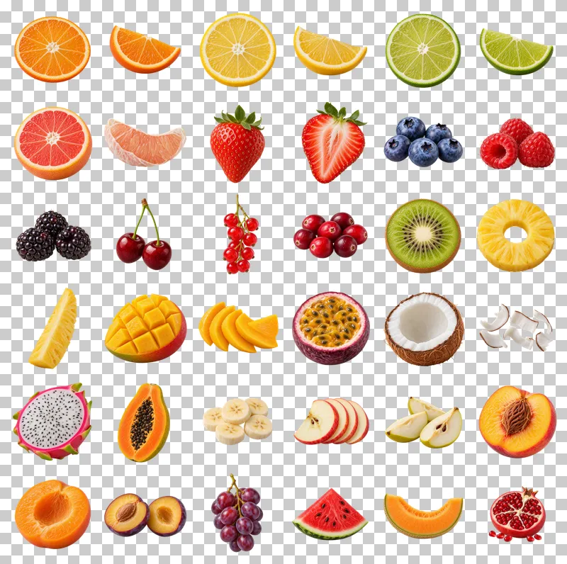 Fresh Fruit Cuts and Garnishes Photo PNG Collection: all 36 elements in one grid