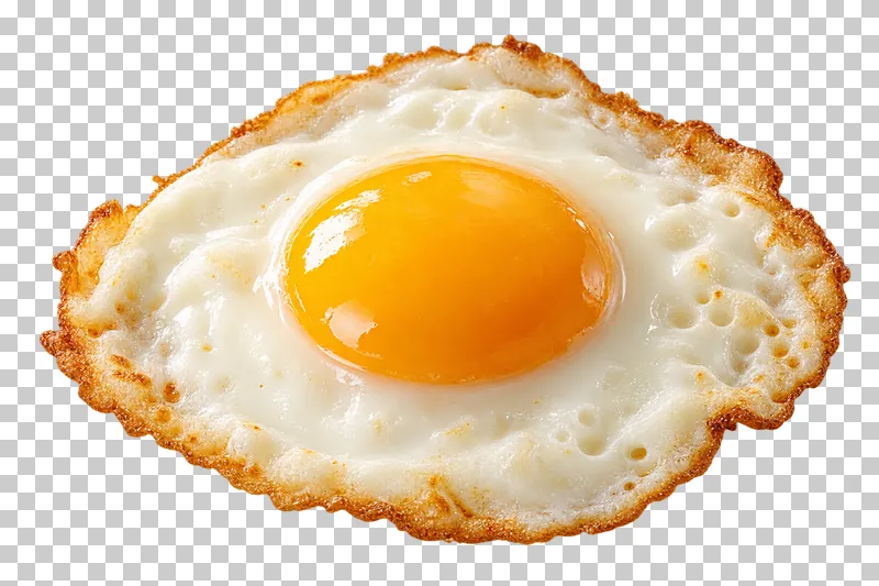 A sunny-side-up fried egg with a golden yolk and crisp browned white edges.