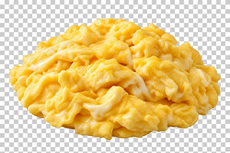 A soft mound of golden scrambled eggs with irregular cooked curds.
