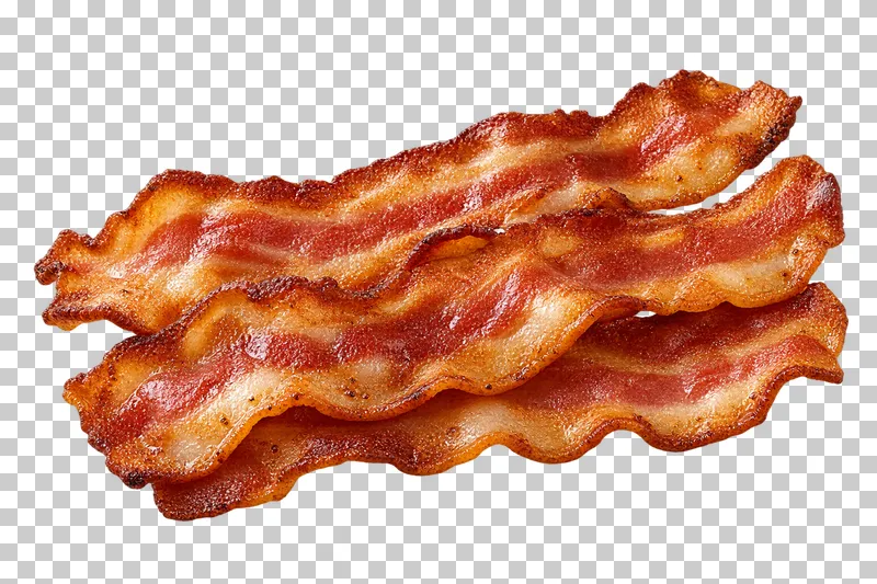 Three overlapping crisp bacon strips with browned rippled edges.
