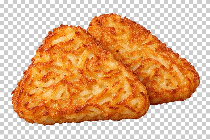 Two triangular shredded-potato hash browns with crisp golden surfaces.
