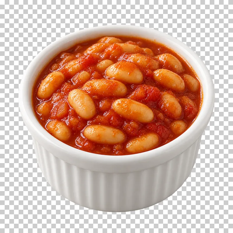 Baked beans in tomato sauce in a plain white ramekin.