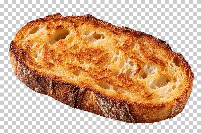A toasted sourdough slice with an open crumb and golden brown crust.