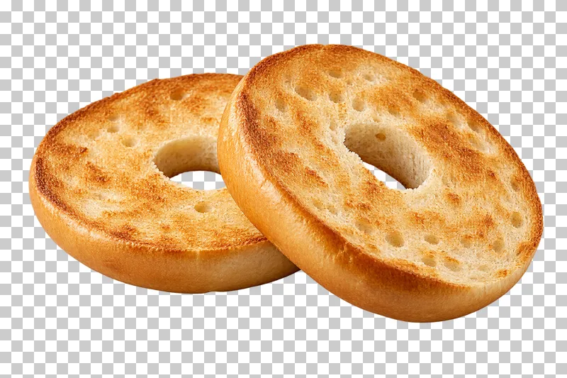 Two toasted bagel halves with visible open centers.