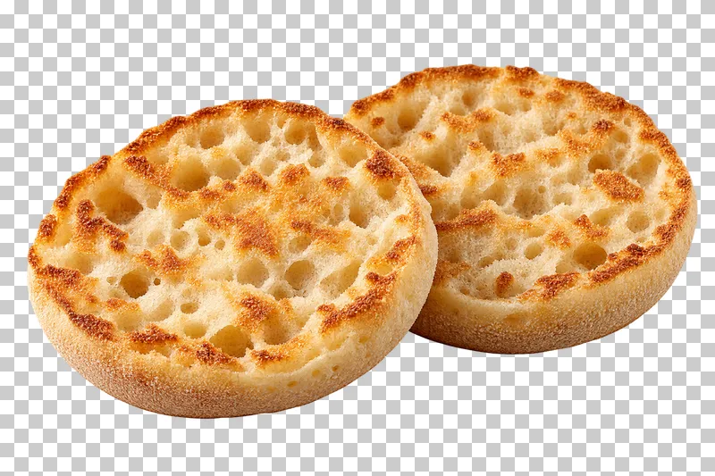 Two split toasted English muffin halves with a porous crumb.