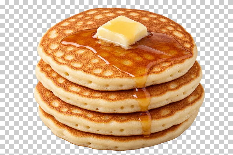 A stack of four pancakes with a butter pat and maple syrup running down the stack.