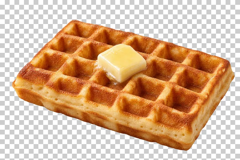 A golden Belgian waffle with deep square pockets and a butter pat.