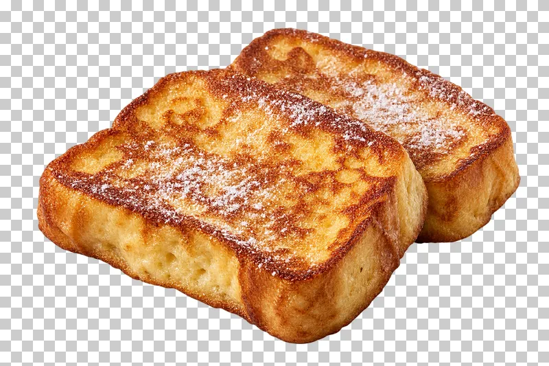 Two thick golden French toast slices dusted with powdered sugar.