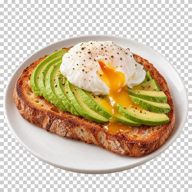 Avocado toast topped with a poached egg on a plain white plate.