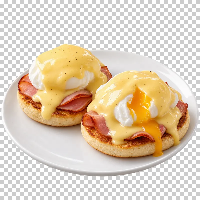 Two eggs Benedict with ham and hollandaise on a white plate.