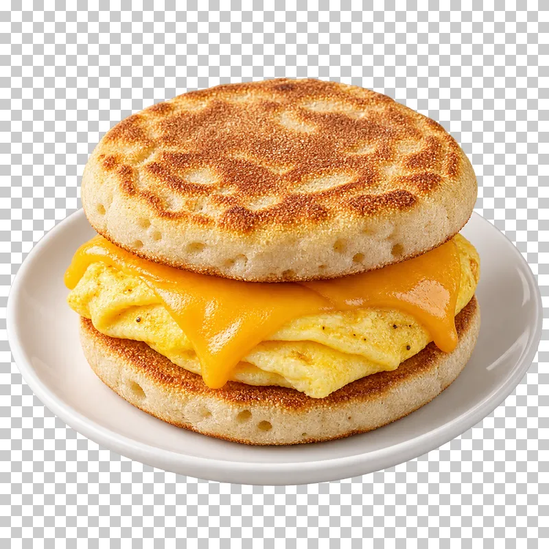 An egg and melted cheese English muffin sandwich on a white plate.
