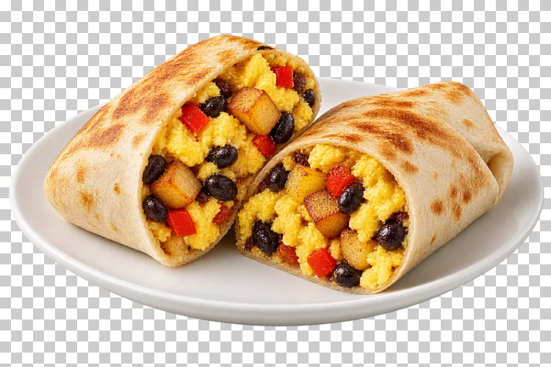 Two breakfast burrito halves showing egg, potato, black beans and peppers.