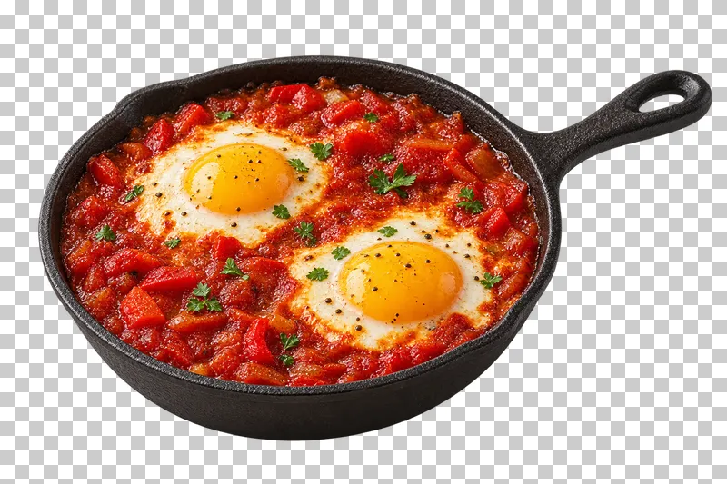 Shakshuka with two eggs in tomato sauce in a cast-iron skillet with a full handle.