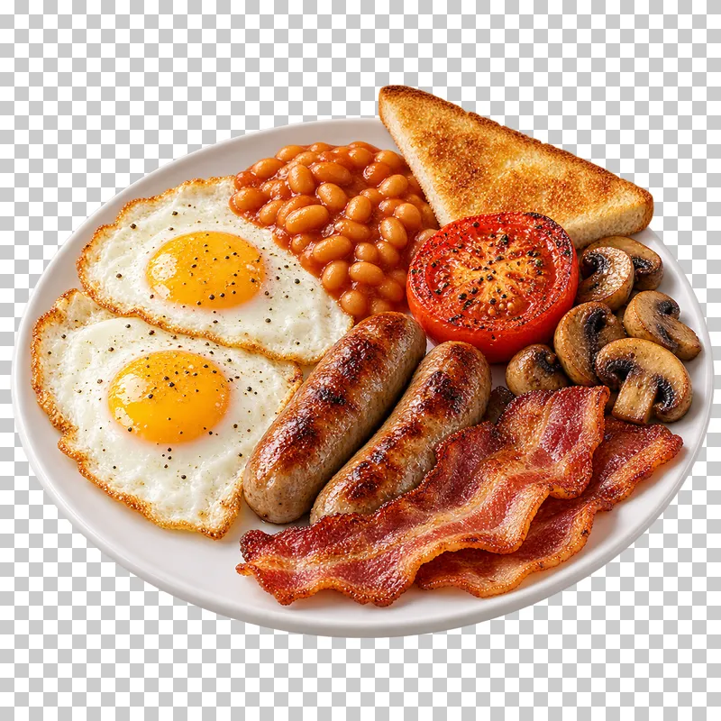 A full English breakfast plate with fried eggs, bacon, sausages, beans, tomato, mushrooms and toast.