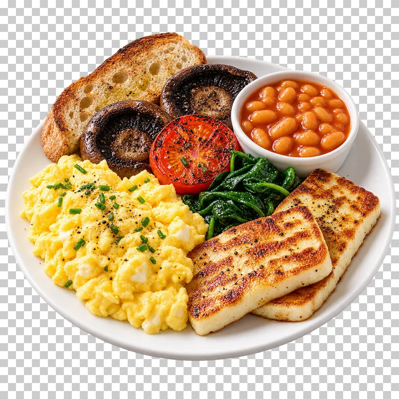 A vegetarian breakfast plate with scrambled eggs, grilled halloumi, spinach, mushrooms, tomato, beans and toast.