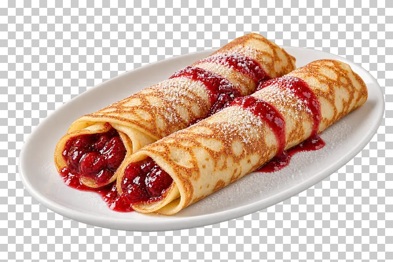 Two rolled crepes with red fruit filling, fruit sauce and powdered sugar on a white plate.