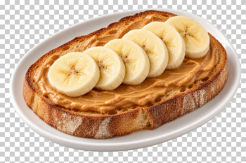 Peanut butter toast topped with banana rounds on an oval white plate.