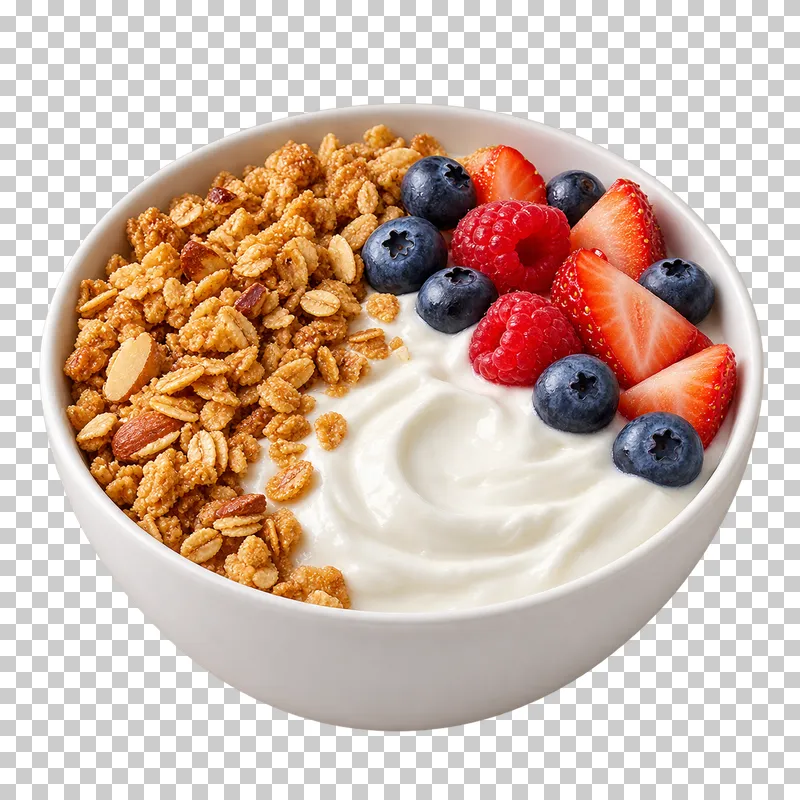 A white bowl of yogurt with granola, blueberries, raspberries and strawberry slices.