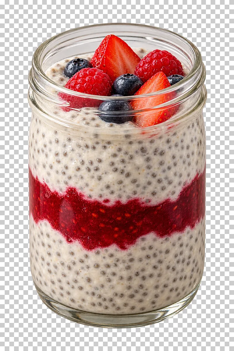 A clear glass jar of layered chia pudding and berry puree topped with berries.