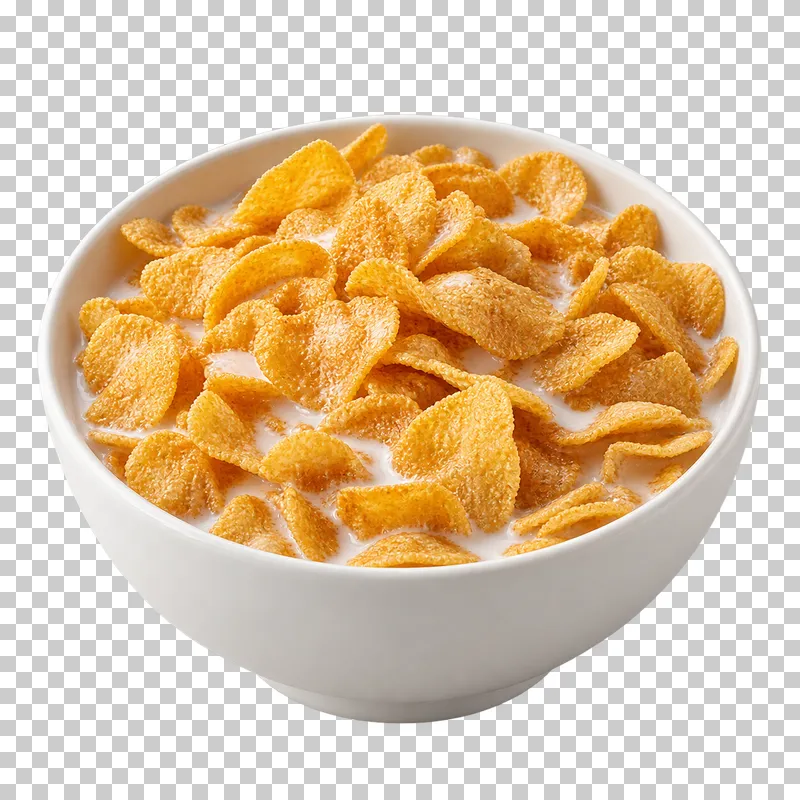 A white bowl of golden cornflakes with milk visible between the flakes.