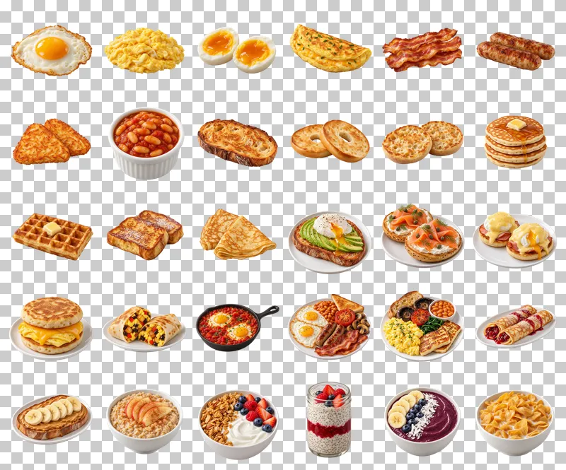 Breakfast and Brunch Photo PNG Collection: all 30 elements in one grid