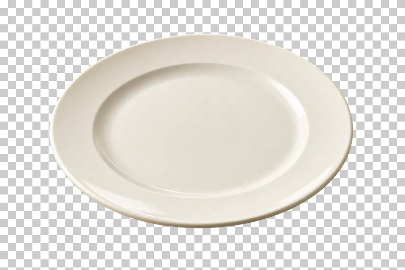 An empty ivory porcelain dinner plate with a broad raised rim.