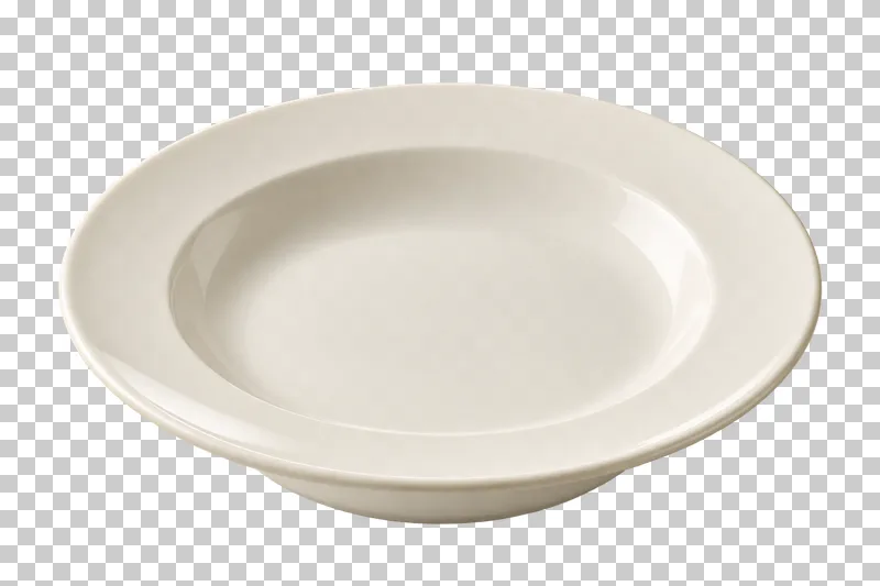 An empty shallow ivory pasta bowl with a wide rim and recessed central well.