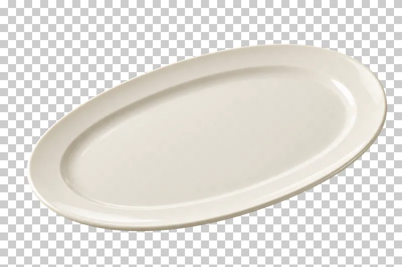 An empty elongated oval ivory porcelain serving platter with a low rim.