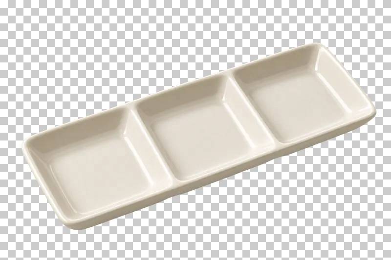 An empty ivory appetizer tray formed as three adjacent recessed compartments.