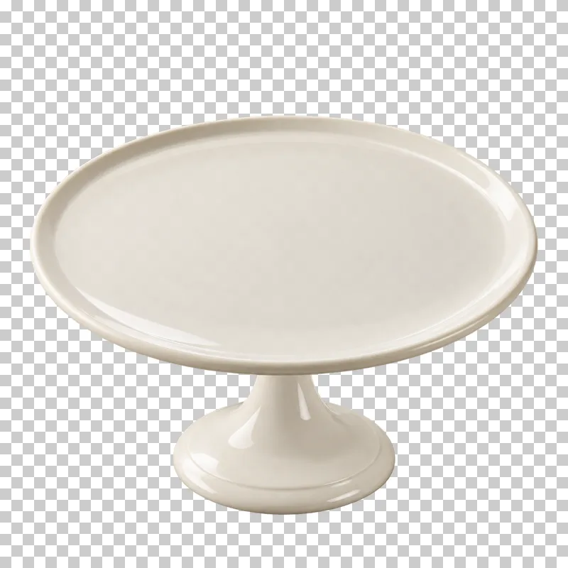 An empty round ivory cake stand raised on a central pedestal and circular foot.