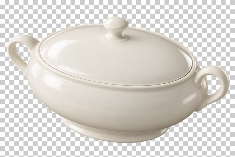 An oval ivory serving tureen with two loop handles and a fitted lid.
