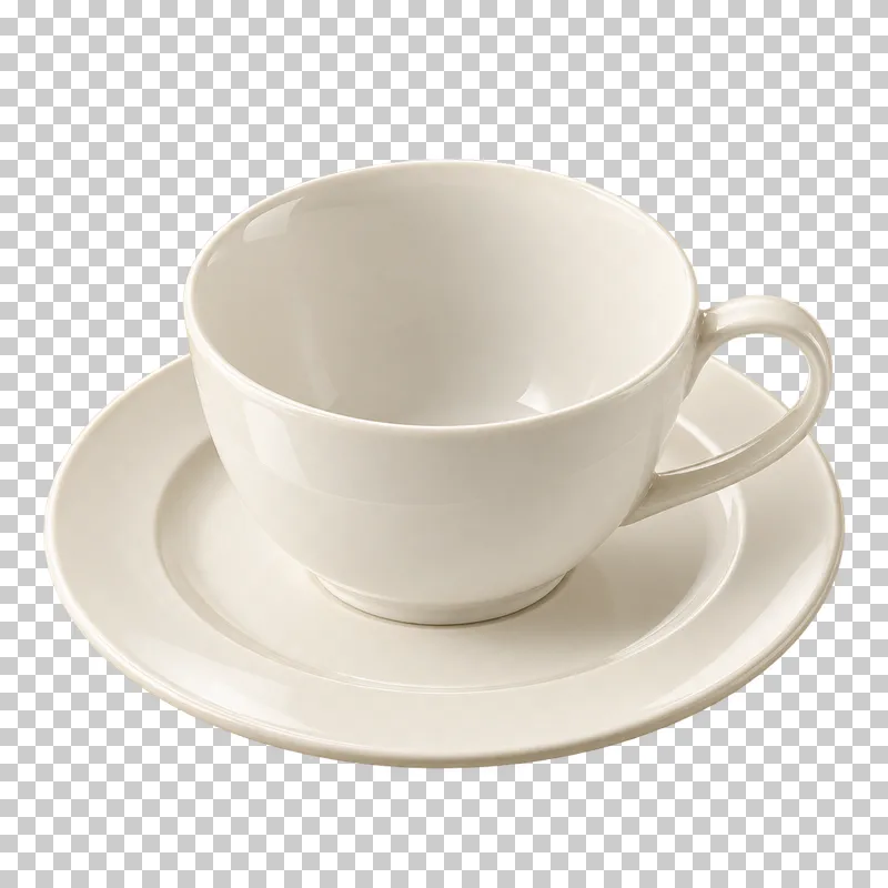 An empty ivory porcelain teacup resting on its matching round saucer.