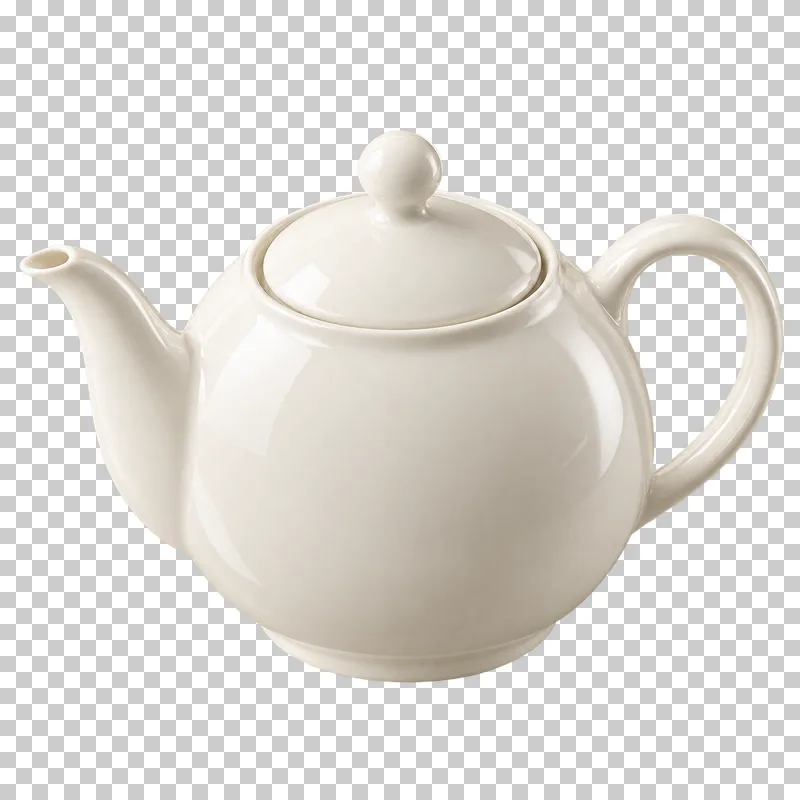 An ivory porcelain teapot with a curved spout, loop handle and closed lid.