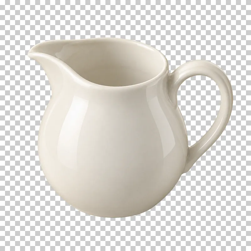 An empty small ivory porcelain cream jug with a pouring lip and curved handle.