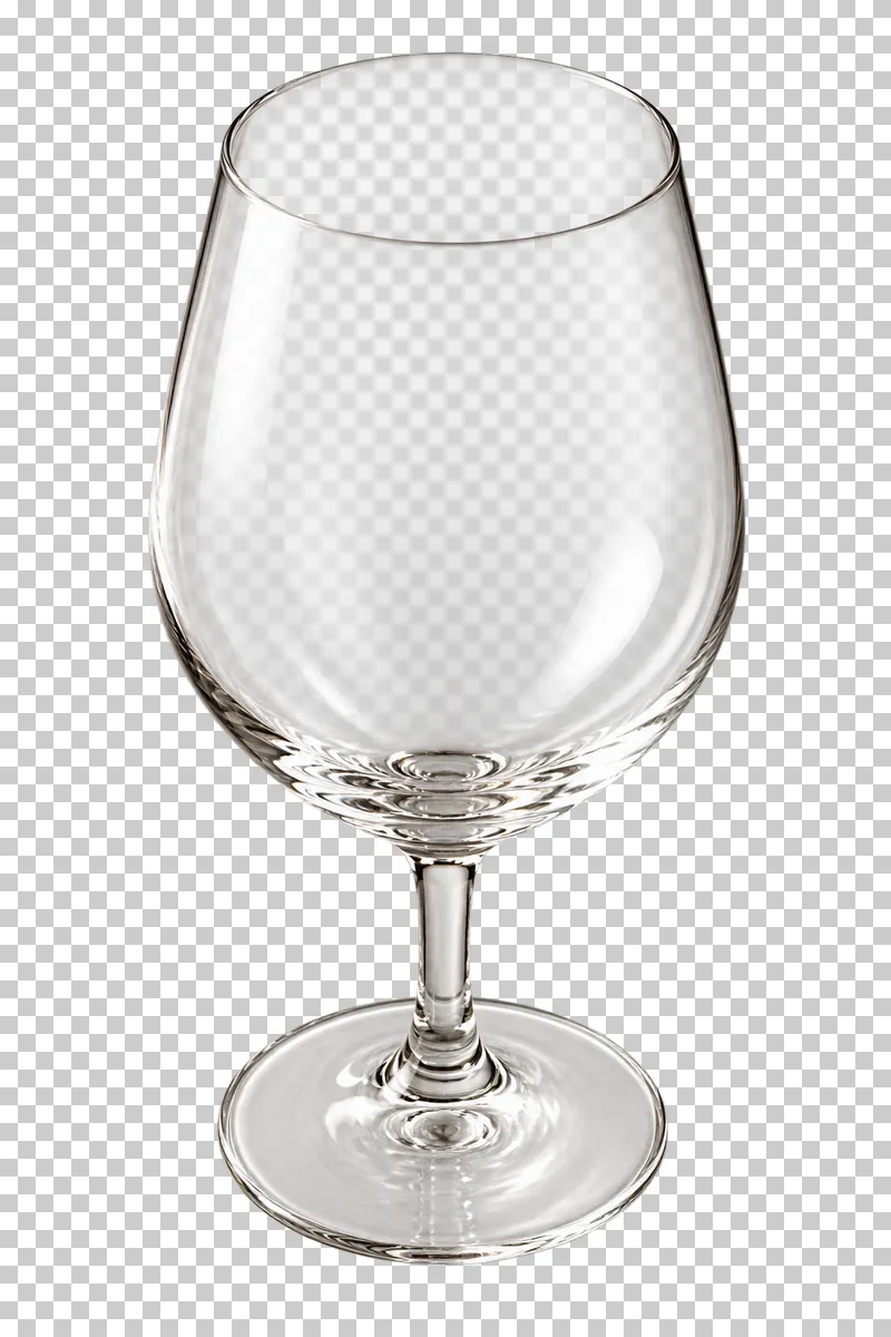 An empty clear water goblet with a rounded bowl, short stem and circular foot.