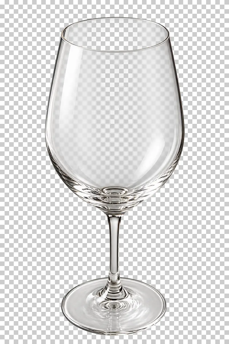 An empty clear wine glass with a tulip bowl and tall slender stem.