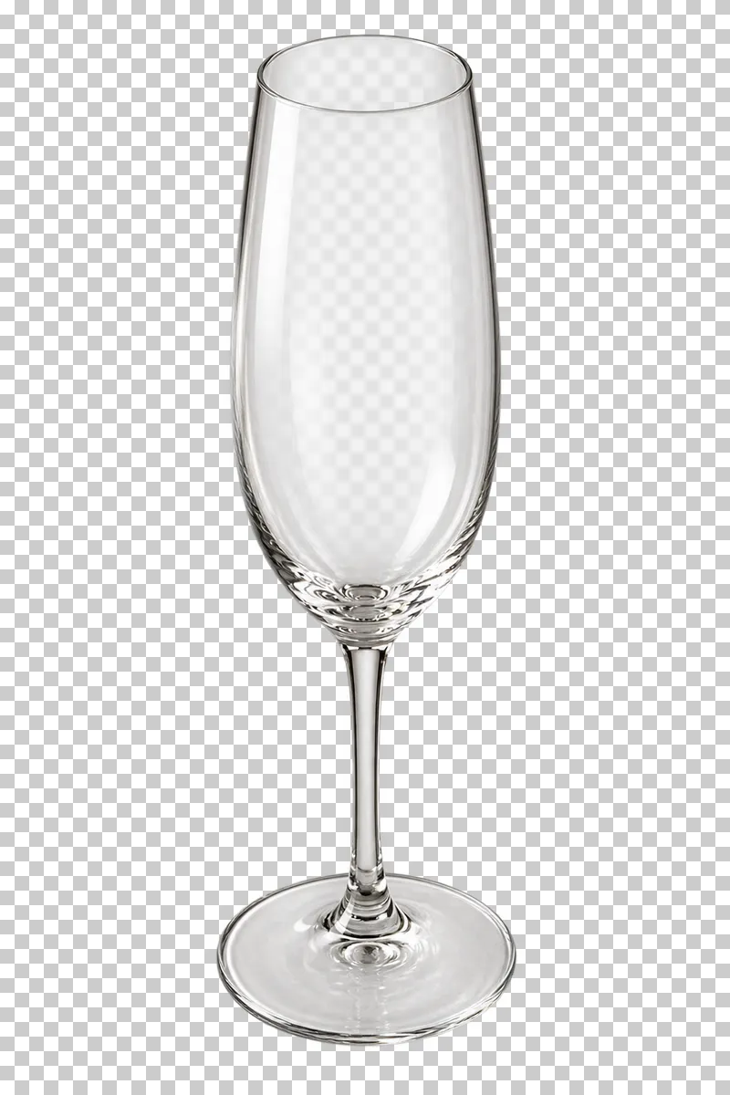 An empty clear champagne flute with a narrow elongated bowl and fine stem.