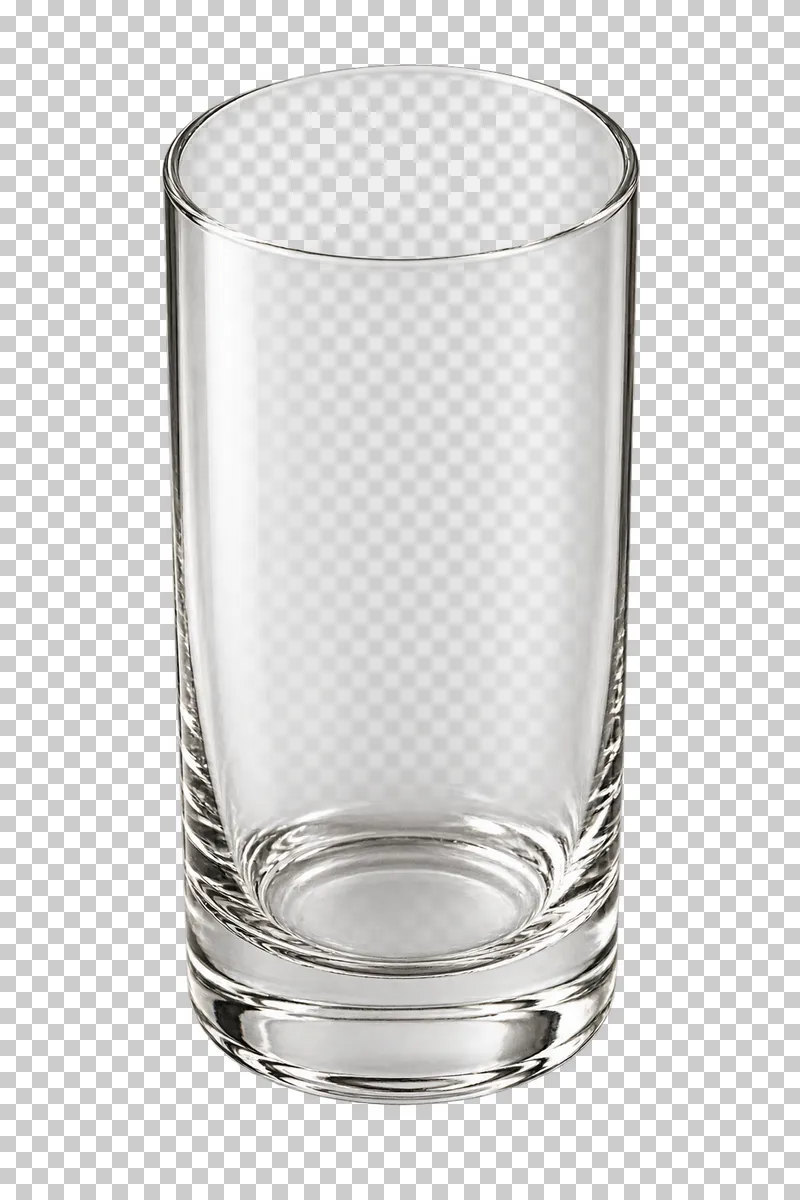 An empty tall cylindrical highball glass with a transparent weighted base.