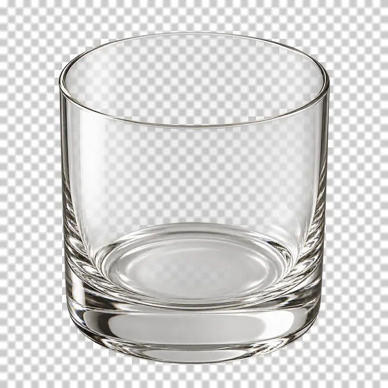 An empty short broad rocks tumbler with a thick clear-glass base.