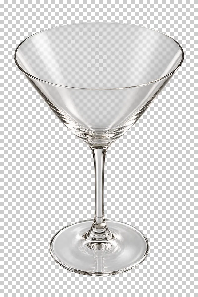 An empty clear martini glass with a wide conical bowl and slender stem.
