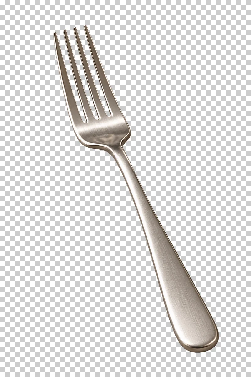 A brushed stainless-steel dinner fork with four separate tines and a rounded handle.