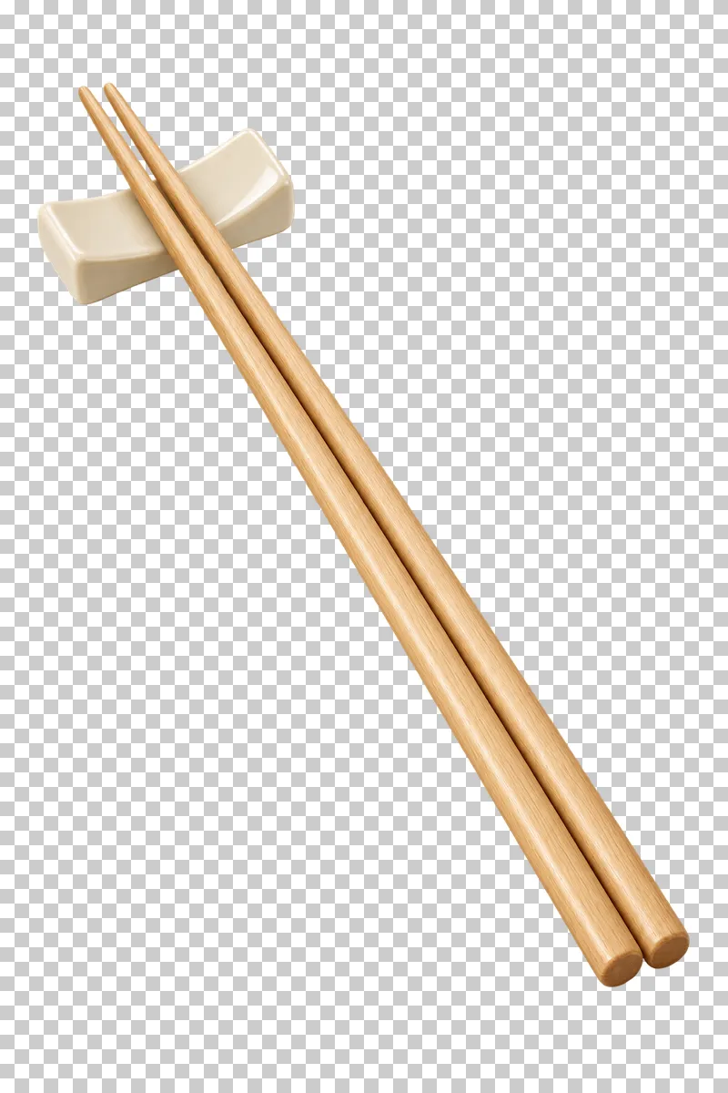 Two light wooden chopsticks resting together on a small ivory ceramic support.