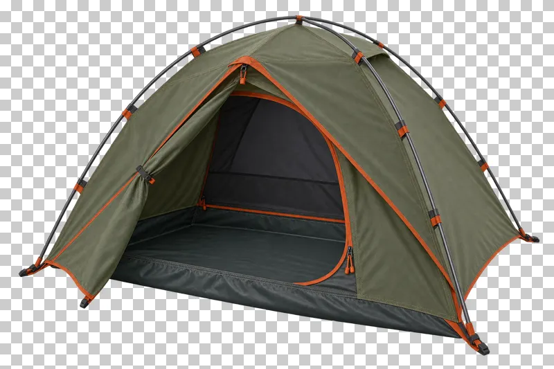 An olive dome tent with rust trim, crossing poles and an open front entrance.