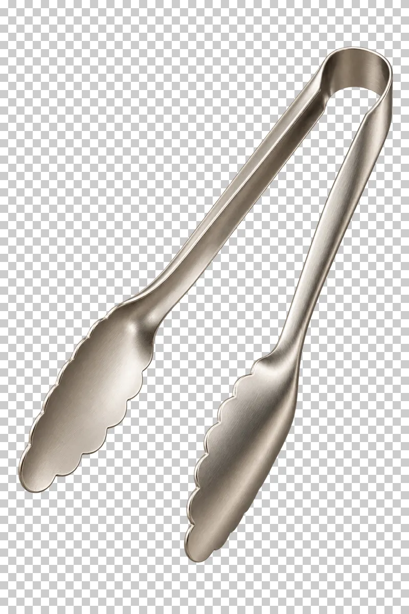 Connected stainless-steel serving tongs with slightly open scalloped gripping jaws.
